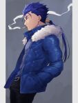  1boy alternate_costume beads belt blue_hair cigarette closed_mouth cowboy_shot cu_chulainn_(fate)_(all) earrings fate/stay_night fate_(series) from_side fuji121 fur-trimmed_jacket fur_trim hair_beads hair_ornament hands_in_pockets highres jacket jewelry lancer long_hair male_focus pants ponytail red_eyes smoke smoking solo spiky_hair type-moon 