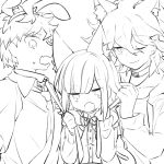  1girl 2boys angry animal_ear_fluff animal_ears bangs cat_ears collared_shirt commentary_request dangan_ronpa dress_shirt eyebrows_visible_through_hair fake_animal_ears fang greyscale hand_up hinata_hajime jacket kemonomimi_mode komaeda_nagito leash_pull long_hair long_sleeves looking_at_viewer midou_(grk12138) monochrome multiple_boys nanami_chiaki neck_ribbon one_eye_closed open_mouth ribbon shirt short_hair skin_fang smile super_dangan_ronpa_2 upper_body wolf_ears 