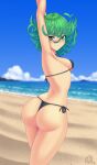  1girl arm_up ass beach bikini black_bikini blue_sky breasts clouds curly_hair day from_behind green_eyes green_hair looking_at_viewer medium_breasts ocean one-punch_man outdoors rocky-ace sand shiny shiny_hair shiny_skin short_hair side-tie_bikini sky solo standing swimsuit tatsumaki water 