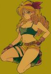  1girl blonde_hair boots breasts crop_top curly_hair dragon_ball dragon_ball_(classic) fingerless_gloves gloves green_background green_eyes hairband highres holster leg_holster long_hair looking_at_viewer lunch_(dragon_ball) navel one_knee pikurusu short_shorts shorts smile thigh_holster 