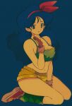  1girl blue_background blue_eyes blue_hair boots breasts crop_top curly_hair dragon_ball dragon_ball_(classic) fingerless_gloves gloves hairband highres long_hair looking_at_viewer lunch_(dragon_ball) navel pikurusu short_shorts shorts sitting solo 