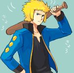  baseball_bat blonde_hair blue_eyes denji_(pokemon) denzi_(pokemon) green_background gym_leader lowres pokemon simple_background solo weapon 