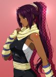 1girl bad_id breasts dark_skin female long_hair looking_away ponytail purple_hair sash shihouin_yoruichi solo tied_hair wankoro_mochi