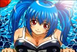  blue_hair breast_press breasts name_tag one-piece_swimsuit original red_eyes school_swimsuit smile swimsuit twintails wankoro_mochi water 