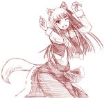  arms_up fang himeno_suika holo long_hair monochrome red spice_and_wolf tail wink wolf_ears wolf_tail 