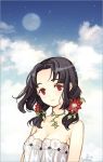  black_hair breasts cleavage cloud clouds face flower hair_accessory hair_ornament jewelry moon necklace original red_eyes sky solo tearfish twintails 
