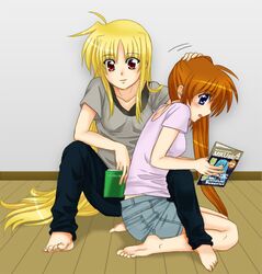  fate_testarossa hachi_(hachikai) hatsune_miku hatsune_miku_(cameo) magazine mahou_shoujo_lyrical_nanoha mahou_shoujo_lyrical_nanoha_strikers petting takamachi_nanoha vocaloid 