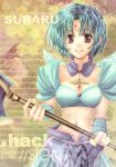  .hack//sign 1girl axe bad_id blue_hair brown_eyes collar detached_collar detached_sleeves for_all_z honeycomb_background midriff short_hair skirt subaru subaru_(.hack//) warrior weapon wings yellow_background 