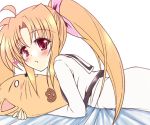  blush fate_testarossa mahou_shoujo_lyrical_nanoha on_stomach pillow pillow_hug red_eyes school_uniform twintails uminchu 