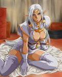  breasts cleavage cleavage_cutout dark_skin elf gloves long_hair pirotess pointy_ears record_of_lodoss_war sitting thigh-highs thigh_boots thighhighs white_hair 
