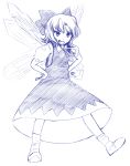  blue bow cirno fairy hands_on_hips himeno_suika monochrome open_mouth simple_background smile solo touhou tsurime wings 