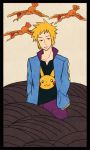  blonde_hair border denji_(pokemon) denzi_(pokemon) fearow gym_leader hands_in_pockets lowres pikachu pokemon solo standing 