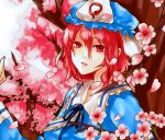  1girl cherry_blossoms dada_(dolce) flower hat japanese_clothes petals pink_hair red_eyes red_hair saigyouji_yuyuko touhou 