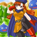  boots breasts cape dd_(artist) dragon_quest dragon_quest_iv dress gloves hat long_hair panties panties_under_pantyhose pantyhose pantyshot red_eyes red_hair redhead skirt slime slime_(dragon_quest) underwear yellow_dress 