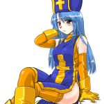  blush boots dd_(artist) detached_sleeves dragon_quest dragon_quest_iii gloves hat latex long_hair mitre priest_(dq3) purple_eyes sitting tabard thigh-highs thighhighs violet_eyes 