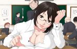  black_hair breast_press breasts classroom cleavage glasses lips original school_uniform takayama_chihiro teacher 