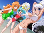  3girls absurdres alice_gehahbich bakugan bakugan_battle_brawlers beach beachball bikini blue_eyes blue_hair blush brown_eyes erect_nipples green_eyes hindenburg julie_makimoto large_breasts misaki_runo one_piece_swimsuit open_mouth orange_hair swimsuit white_hair 