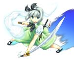  hairband hitodama katana konpaku_youmu konpaku_youmu_(ghost) myon nagamori ribbon ribbons school_uniform short_hair silver_hair sword touhou weapon 