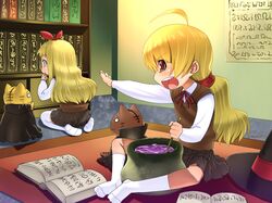  ahoge blonde_hair book cat cauldron multiple_girls okina_sai okina_sen original thighhighs 