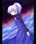  dress lavender_hair mazakura_senju night ponytail red_eyes sky solo turtleneck wading water yin 