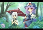  hairband hat japanese_clothes kimono konpaku_youmu oriental_umbrella pink_hair red_eyes saigyouji_yuyuko touhou umbrella white_hair 