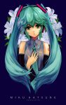  alternate_hairstyle aqua_hair bare_shoulders bust detached_sleeves floral_background flower hand_on_own_chest hatsune_miku long_hair nail_polish necktie payot siro twintails vocaloid 