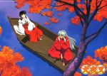  boat highres inuyasha inuyasha_(character) kikyo maple_leaves miko 