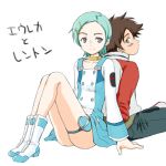  aqua_hair back-to-back back_to_back black_hair blue_eyes blush boots choker dress eureka eureka_7 eureka_seven eureka_seven_(series) hair_ornament hairclip legs looking_back lowres nikopondo raglan_sleeves renton_thurston short_hair sitting smile thigh_strap translated 