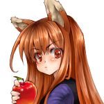  apple apples brown_hair face food fruit holding holding_fruit holo long_hair lowres mosho red_eyes spice_and_wolf 