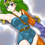  blue_eyes blush breasts circlet dd_(artist) dragon_quest dragon_quest_iv female_hero_(dq4) gloves green_hair hat heroine_(dq4) lying sword tiara weapon 