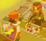  1boy 1girl bag baseball_cap black_hair bouquet brown_eyes brown_hair female flower gift hat male name_tag nurse poke_ball poke_ball_theme pokemon pokemon_(game) pokemon_rgby pokemon_trainer red_(pokemon) red_(pokemon)_(classic) red_hair redhead shop super_smash_bros. tomioka_jirou uniform 