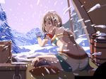  brown_hair camping cold fingerless_gloves from_behind gloves kneeling looking_back monster_hunter mountain sitting snow solo tsukumo wariza wind 