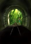  dress forest gou_(double_trigger) long_hair nature original railroad_tracks scenery sunbeam sunlight tunnel 