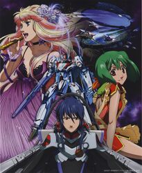  black_hair cockpit green_hair highres long_hair macross macross_frontier mecha ranka_lee s.m.s. saotome_alto sheryl_nome space vf-25 