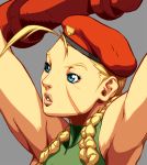  1girl ahoge alvin_lee beret blonde_hair blue_eyes cammy_white capcom hat official_art solo street_fighter super_street_fighter_ii_turbo_hd_remix udon_entertainment 