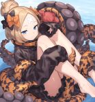  1girl abigail_williams_(fate/grand_order) bandaid bandaid_on_forehead bangs black_bow black_jacket blonde_hair blue_eyes blush bow breasts chorefuji crossed_bandaids fate/grand_order fate_(series) forehead hair_bun heroic_spirit_traveling_outfit jacket legs long_hair looking_at_viewer multiple_bows orange_belt orange_bow parted_bangs small_breasts smile stuffed_animal stuffed_toy tentacles 
