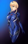  1girl artoria_pendragon_(all) blonde_hair blue_bodysuit bodysuit braid breasts covered_navel crown_braid fate/grand_order fate_(series) green_eyes hair_between_eyes highres matrix16 medium_breasts neon_genesis_evangelion plugsuit simple_background skin_tight solo 