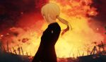  1girl ahoge artoria_pendragon_(all) black_jacket black_suit blonde_hair character_name commentary fate/stay_night fate/zero fate_(series) hair_tie highres jacket long_hair planted_sword planted_weapon ponytail ryo_(piggerworld) saber solo sunset sword weapon 