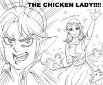  1boy 1girl bb_(baalbuddy) bird blush character_request chicken commentary emphasis_lines english_commentary english_text feathers greyscale hand_up highres link looking_at_viewer monochrome open_mouth pointy_ears ringed_eyes simple_background smile sparkle the_legend_of_zelda waving white_background wide-eyed 