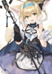  1girl absurdres animal_ears arknights arm_cuffs bag black_choker black_gloves black_vest blonde_hair breasts choker cloak commentary cowboy_shot dress earpiece eyebrows_visible_through_hair fox_ears fox_tail gloves green_eyes hair_between_eyes hair_rings hairband head_tilt highres holding holding_staff looking_at_viewer medium_hair motota multicolored_hair multiple_tails open_mouth petals satchel simple_background small_breasts smile solo staff strap suzuran_(arknights) tactical_clothes tail two-tone_hair vest waving white_background white_dress white_hair wrist_cuffs 