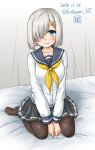  1girl alternate_sleeve_length artist_logo black_legwear blue_eyes breasts dated grey_sailor_collar grey_skirt hair_ornament hair_over_one_eye hairclip hamakaze_(kantai_collection) highres kantai_collection kotowari_(newtype_kenkyuujo) large_breasts neckerchief pantyhose pleated_skirt sailor_collar school_uniform serafuku short_hair silver_hair sitting skirt smile solo twitter_username wariza yellow_neckwear 