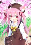 1girl 1other absurdres animal_ear_fluff animal_ears azur_lane brown_dress brown_headwear cat_ears cat_tail cherry_blossoms dress fang flower hat highres holding_hands kisaragi_(azur_lane) long_hair nail_polish open_mouth outdoors petals pink_eyes pink_hair pone ribbon shirt smile tail tree two_side_up watch watch white_shirt 