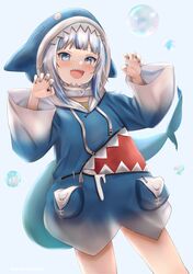  1girl amano_kusatsu animal_costume animal_hood bangs blue_eyes blue_hair blue_hoodie blunt_bangs blush fish_tail gawr_gura highres hololive hololive_english holomyth hood hoodie medium_hair multicolored_hair pocket shark_costume shark_girl shark_hood shark_print shark_tail sharp_teeth silver_hair sleeves_past_wrists solo streaked_hair tail teeth virtual_youtuber wide_sleeves 