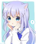  ! 1girl animal_ears bangs blue_background blue_eyes blush cat_ears commentary_request gochuumon_wa_usagi_desu_ka? hair_ornament hands_on_own_face long_hair long_sleeves looking_at_viewer mozukun43 open_mouth rabbit_house_uniform solo spoken_exclamation_mark twitter_username two-tone_background white_background x_hair_ornament 
