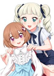  2girls :d aikatsu! aikatsu!_(series) bangs blonde_hair blue_eyes blue_neckwear blue_ribbon blue_shorts blunt_bangs blush brown_hair double-breasted dress dress_removed drill_hair eyebrows_visible_through_hair fang grey_shirt hair_ornament hand_up hands_on_another&#039;s_shoulders highres long_sleeves medium_hair mochida_chimaki multiple_girls neck_ribbon open_mouth ribbon round_teeth sekina shirt short_shorts short_sleeves shorts smile suspender_shorts suspenders teeth toudou_yurika twin_drills violet_eyes 