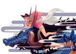 1girl arm_tattoo charlotte_linlin coat colored dragon dragon_claw dragon_horns dress earrings floating_hair hair_ribbon hat heels k164 kaidou_(one_piece) nail_polish one_piece pink_hair simple_background size_difference