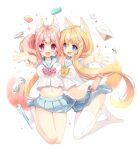  2girls :d amamiya_aki amamiya_mei animal_ear_fluff animal_ears bangs blonde_hair blue_eyes blue_sailor_collar blue_skirt blush bow breasts commentary_request eyebrows_visible_through_hair fingernails fox_ears fox_girl fox_tail good_twins_day hair_between_eyes hair_ornament hairclip hand_up highres holding_hands interlocked_fingers large_breasts long_hair looking_at_viewer midriff mofu-mofu_after_school mofumofu_channel multiple_girls navel no_shoes open_mouth outstretched_arm p19 pink_hair plaid plaid_bow red_bow red_eyes sailor_collar school_uniform serafuku shirt short_sleeves siblings sisters skirt smile socks stapler tail thigh-highs twins twintails very_long_hair white_background white_legwear white_shirt x_hair_ornament yellow_bow 