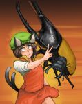  1girl :3 absurdres animal animal_ears bob_cut brown_hair cat_ears cat_tail chanta_(ayatakaoisii) chen closed_mouth flat_chest green_headwear hand_up hat highres medium_hair multiple_tails nekomata orange_background oversized_animal red_skirt red_vest rhinoceros_beetle shirt short_sleeves skirt slit_pupils solo tail touhou two_tails v vest white_shirt 