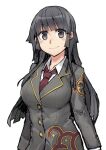  1girl bangs black_hair blush breasts buttons collared_shirt eyebrows_visible_through_hair goshiki long_sleeves looking_at_viewer master_2_(tokyo_houkago_summoners) necktie school_uniform shirt simple_background smile solo tokyo_houkago_summoners upper_body whblack_eyes white_background white_shirt 