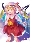 1girl arm_up bandaged_wrist bangs blonde_hair blue_background commentary cravat fangs feet_out_of_frame flandre_scarlet gradient gradient_background hand_on_own_chest hat hat_ribbon highres light_blush light_particles looking_at_viewer mob_cap one_side_up open_mouth petticoat puffy_short_sleeves puffy_sleeves red_eyes red_skirt red_vest ri_cochet ribbon shadow shirt short_hair short_sleeves skirt solo standing touhou upper_teeth vest white_headwear white_shirt wings yellow_neckwear 